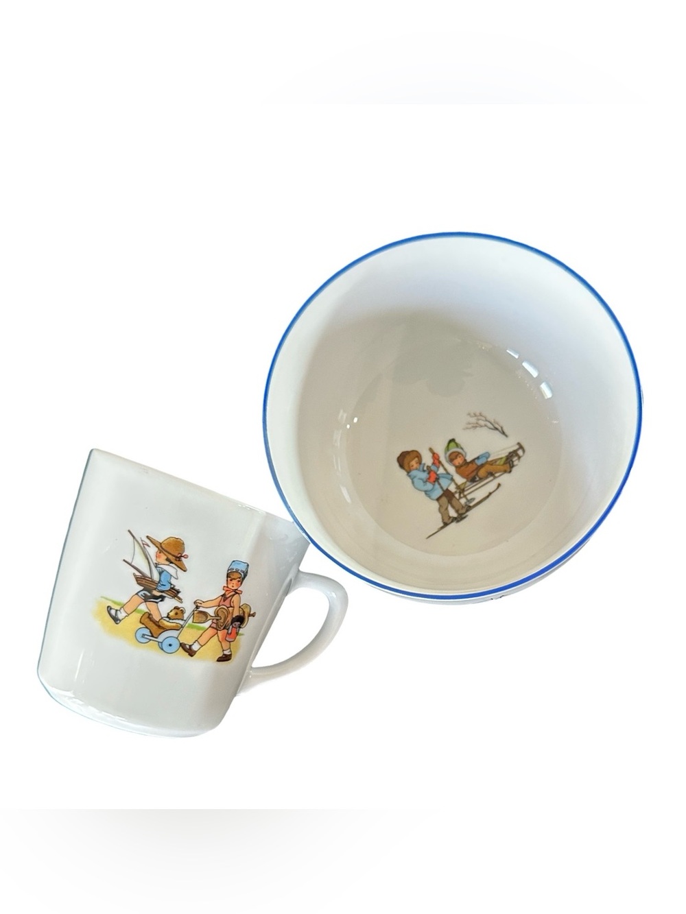 Pier One Vintage Style Children's Mug and Bowl Set in White with Blue Trim YT14